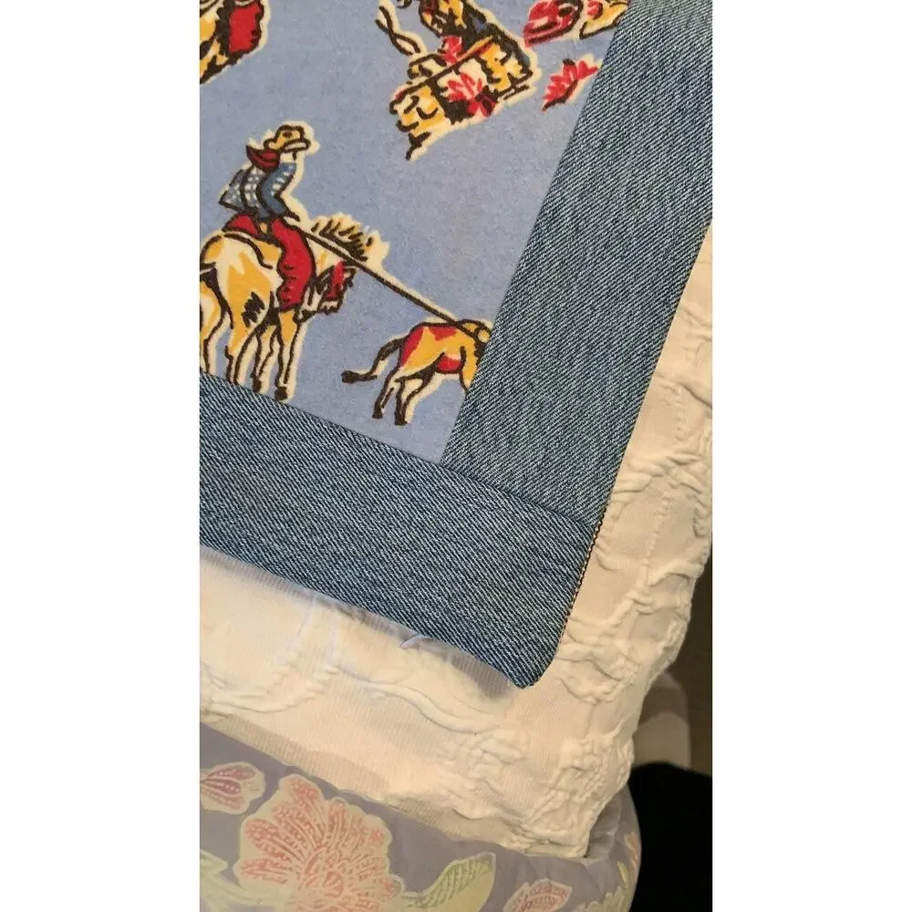 Handmade Cowboy Print Pillow Sham, Vintage Blue Flannel, Denim Trim (16